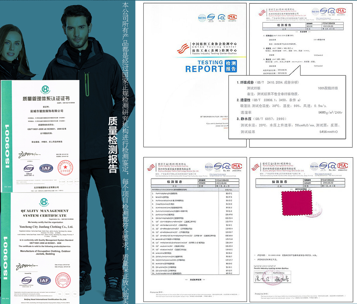 沖鋒衣班服面料檢測(cè)證書(shū)